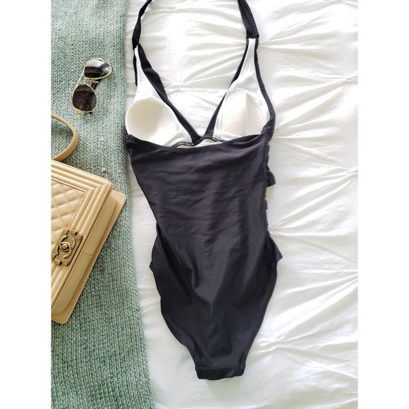 One piece ruched black halter style swimsuit - Picture 4 of 5